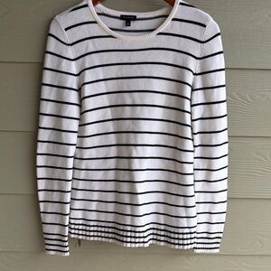 Talbots White and Black Striped Crew Neck Sweater